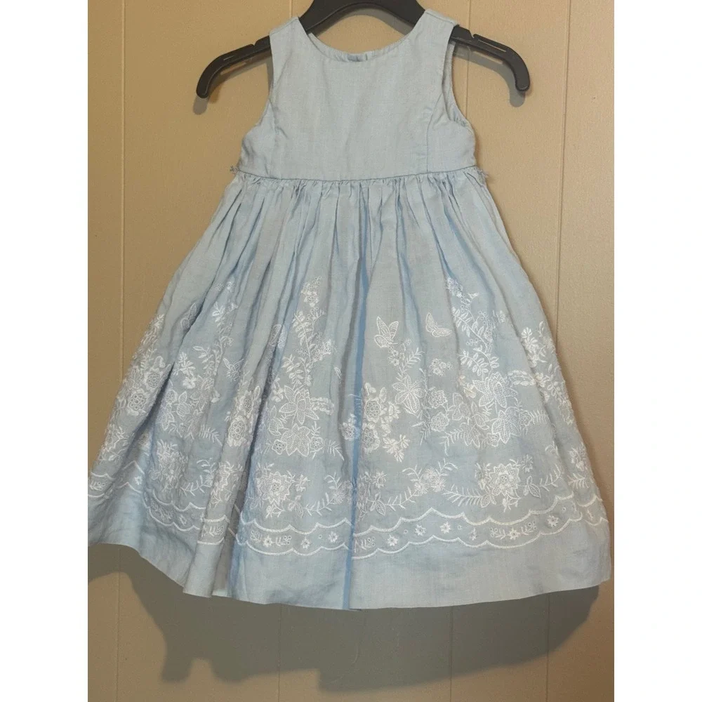 Ralph Lauren Baby Girl Chambray Embroidered Dress | Blue Floral Sleeveless | 24M